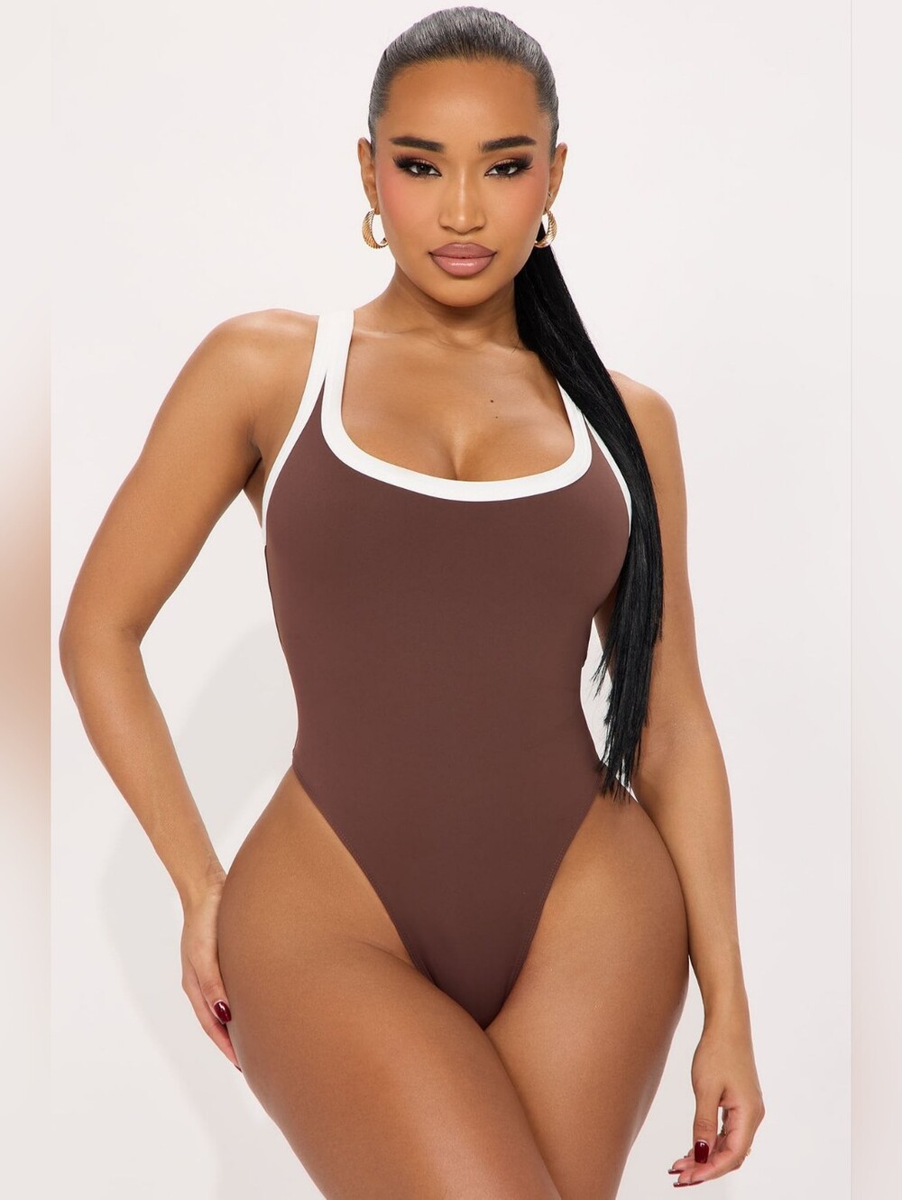 Fashion Nova GRACE Brown And White Contrast Combo Compression Bodysuut SZ LG